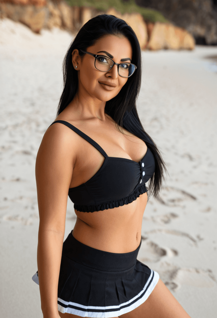 Wearing short black tennis skirt and a crop top shirt, portrait picture, looking at the viewer with a smile, wearing a fashionable mini skirt, wearing a stylish bikini on the beach