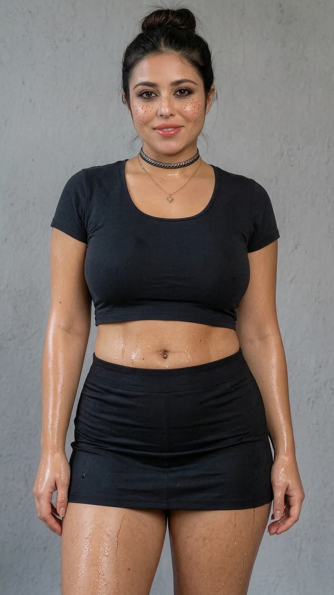 A 24-year-old chubby Caucasian woman with brunette hair in a bun, brown eyes, freckles across her cheeks, visible belly piercings, and prominent pubic hair, wearing a short black tennis skirt, crop top shirt, fashionable choker, and elegant necklace, standing in a relaxed portrait pose with shoulders slightly angled toward the camera and hips tilted naturally, eye-level close-up front-facing portrait shot with direct eye contact and an innocent submissive slave expression, lips parted, soft natural window lighting highlighting skin texture and fabric details, cheerful positive mood mixed with wet dirty messy arousal, glistening sweat and fluids on her chubby thighs and exposed belly, short skirt riding up to reveal soaked panties and visible pubic hair, body tension with natural breast weight pressing against the crop top, plain neutral background, nsfw, explicit anatomical detail, Flawless anatomy, no extra digits, no extra limbs, realistic skin texture, high-detail.
