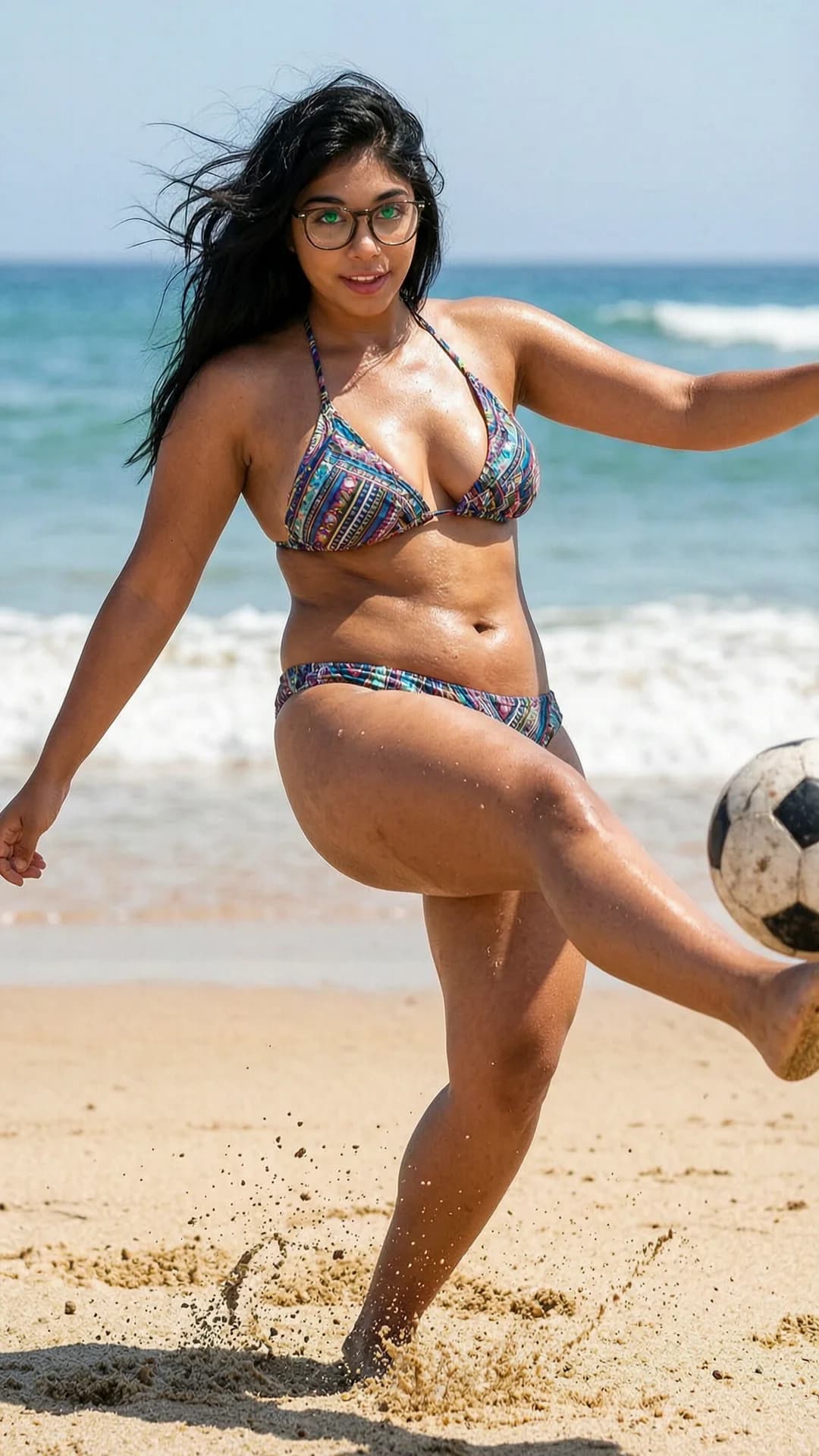 A 24-year-old Latina woman with long black hair flowing wildly, green eyes behind stylish glasses, chubby body type, wearing a stylish bikini on a sunny beach, captured in dynamic sporty action while playing soccer with one leg extended mid-kick and body twisted in motion, from a low three-quarter angle POV emphasizing athletic movement, intense direct eye contact with the viewer conveying focused excitement and playful energy, chubby curves glistening with sweat and skin sheen under bright natural sunlight, breasts shifting naturally with the impact, muscle tension visible across thighs and arms, sand flying around her feet with ocean waves in the background, energetic vibrant mood, Flawless anatomy, no extra digits, no extra limbs, realistic skin texture, high-detail.
