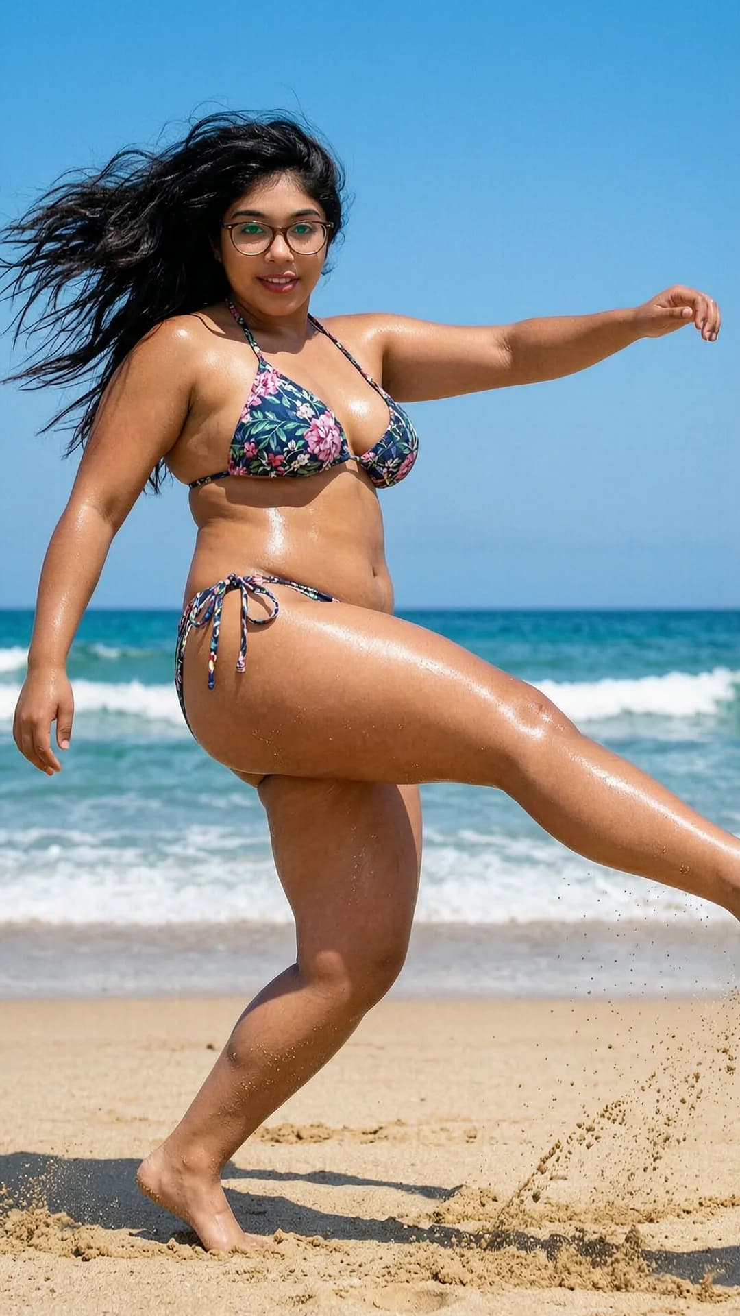 A 24-year-old Latina woman with long black hair flowing wildly, green eyes behind stylish glasses, chubby body type, wearing a stylish bikini on a sunny beach, captured in dynamic sporty action while playing soccer with one leg extended mid-kick and body twisted in motion, from a low three-quarter angle POV emphasizing athletic movement, intense direct eye contact with the viewer conveying focused excitement and playful energy, chubby curves glistening with sweat and skin sheen under bright natural sunlight, breasts shifting naturally with the impact, muscle tension visible across thighs and arms, sand flying around her feet with ocean waves in the background, energetic vibrant mood, Flawless anatomy, no extra digits, no extra limbs, realistic skin texture, high-detail.