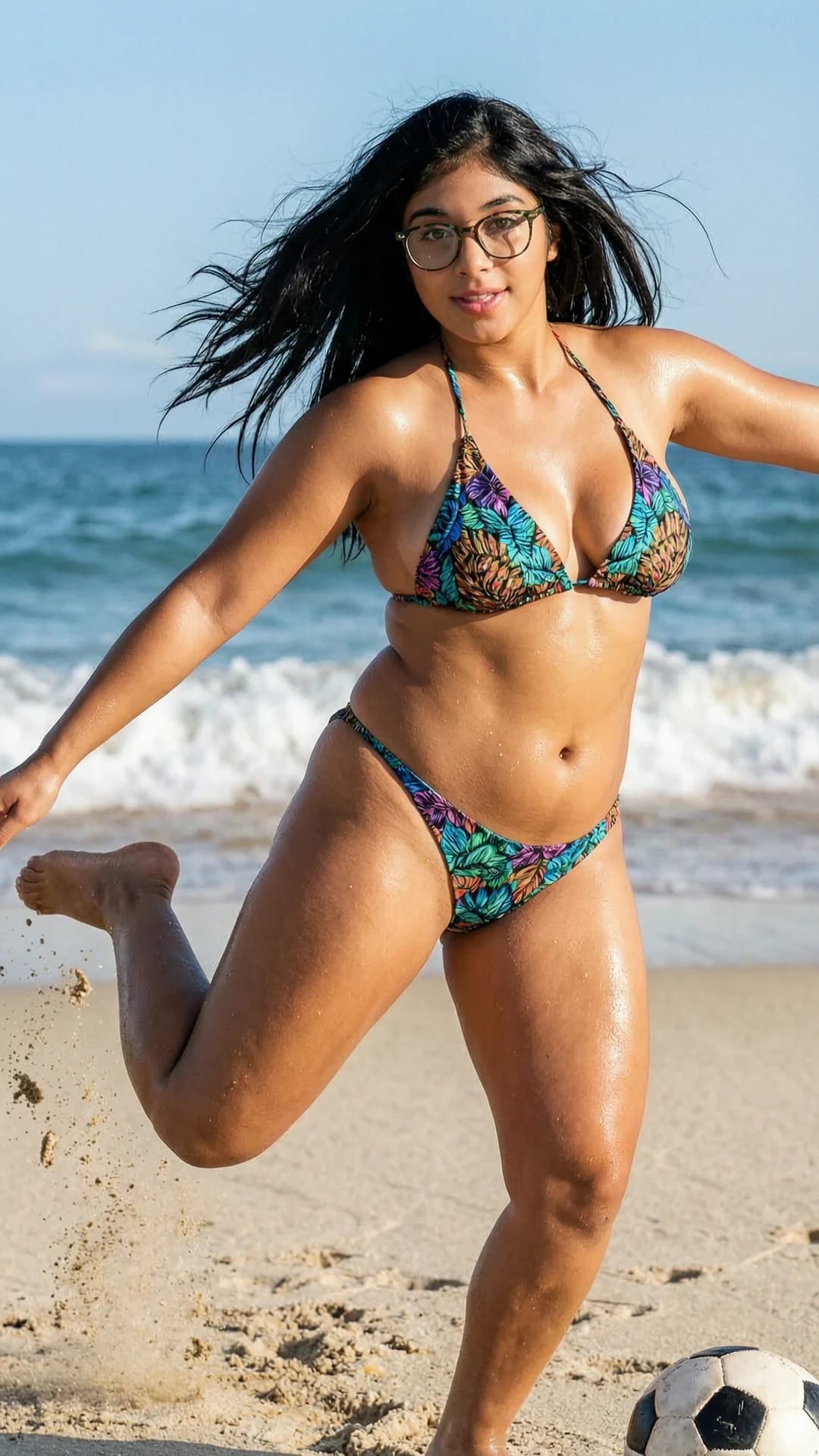 A 24-year-old Latina woman with long black hair flowing wildly, green eyes behind stylish glasses, chubby body type, wearing a stylish bikini on a sunny beach, captured in dynamic sporty action while playing soccer with one leg extended mid-kick and body twisted in motion, from a low three-quarter angle POV emphasizing athletic movement, intense direct eye contact with the viewer conveying focused excitement and playful energy, chubby curves glistening with sweat and skin sheen under bright natural sunlight, breasts shifting naturally with the impact, muscle tension visible across thighs and arms, sand flying around her feet with ocean waves in the background, energetic vibrant mood, Flawless anatomy, no extra digits, no extra limbs, realistic skin texture, high-detail.