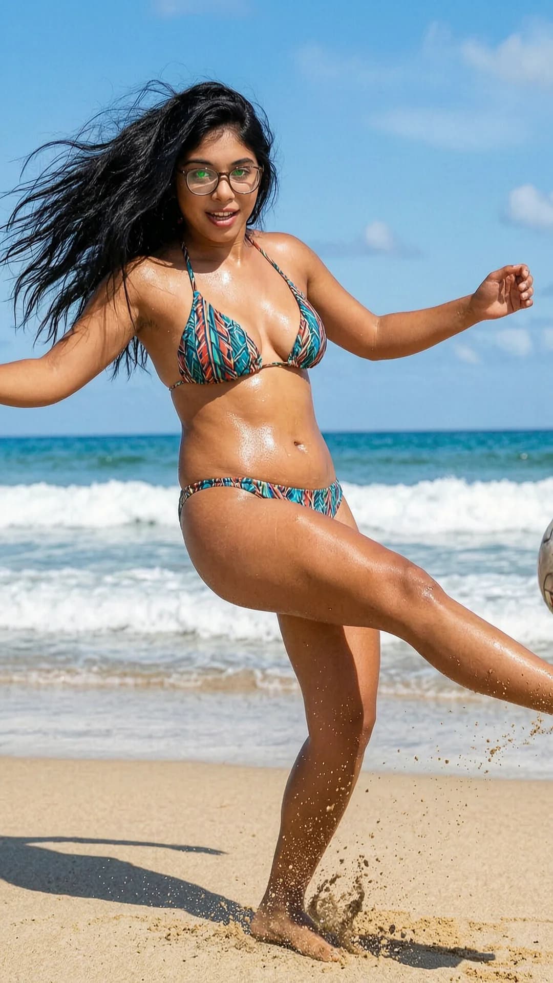 A 24-year-old Latina woman with long black hair flowing wildly, green eyes behind stylish glasses, chubby body type, wearing a stylish bikini on a sunny beach, captured in dynamic sporty action while playing soccer with one leg extended mid-kick and body twisted in motion, from a low three-quarter angle POV emphasizing athletic movement, intense direct eye contact with the viewer conveying focused excitement and playful energy, chubby curves glistening with sweat and skin sheen under bright natural sunlight, breasts shifting naturally with the impact, muscle tension visible across thighs and arms, sand flying around her feet with ocean waves in the background, energetic vibrant mood, Flawless anatomy, no extra digits, no extra limbs, realistic skin texture, high-detail.