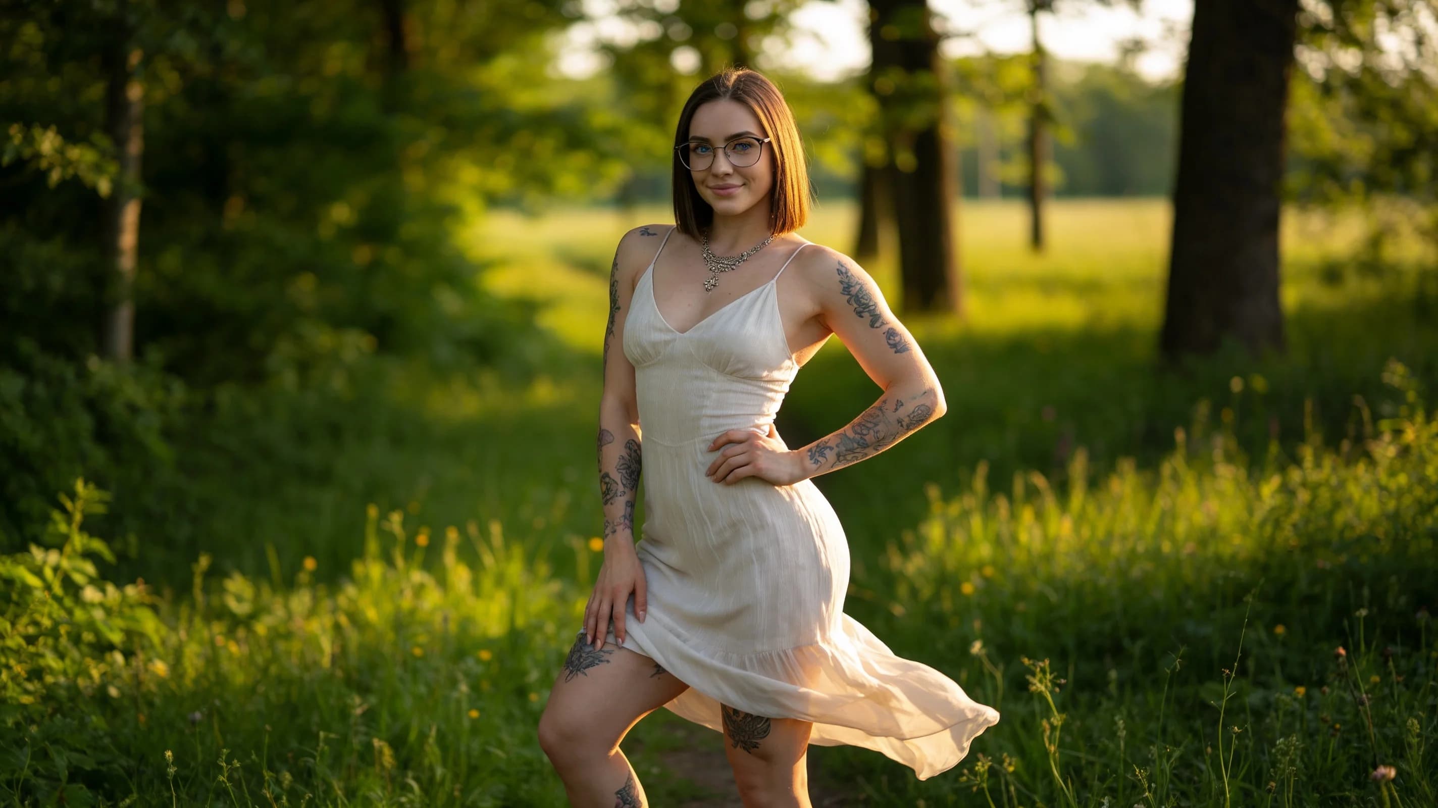 A 24-year-old Caucasian woman with a fit toned body, straight brunette hair falling to her shoulders, piercing blue eyes, and fair skin stands confidently in a full body eye-level front shot, wearing a light flowy summer dress that gently clings to her curves with subtle fabric movement from a breeze, artistic tattoos visible along her arms and thighs, an elegant necklace resting on her collarbone, and stylish glasses framing her face, posing with shoulders squared back, one hand on her hip and weight shifted to one leg in a sunny outdoor garden path setting with soft natural daylight casting gentle shadows, direct confident eye contact with a subtle knowing smile and relaxed posture, elegant self-assured mood, Flawless anatomy, no extra digits, no extra limbs, realistic skin texture, high-detail.