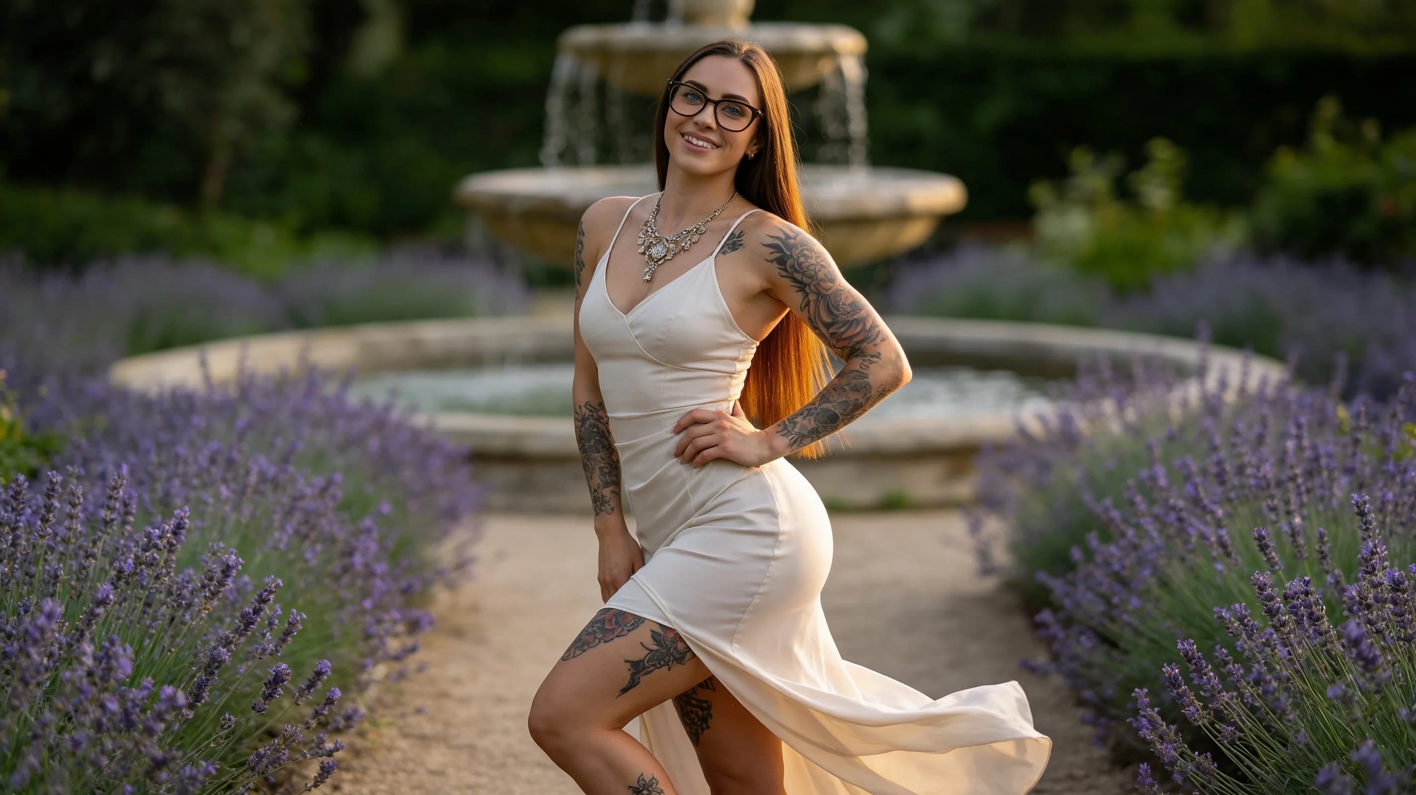 A 24-year-old Caucasian woman with a fit toned body, straight brunette hair falling to her shoulders, piercing blue eyes, and fair skin stands confidently in a full body eye-level front shot, wearing a light flowy summer dress that gently clings to her curves with subtle fabric movement from a breeze, artistic tattoos visible along her arms and thighs, an elegant necklace resting on her collarbone, and stylish glasses framing her face, posing with shoulders squared back, one hand on her hip and weight shifted to one leg in a sunny outdoor garden path setting with soft natural daylight casting gentle shadows, direct confident eye contact with a subtle knowing smile and relaxed posture, elegant self-assured mood, Flawless anatomy, no extra digits, no extra limbs, realistic skin texture, high-detail.