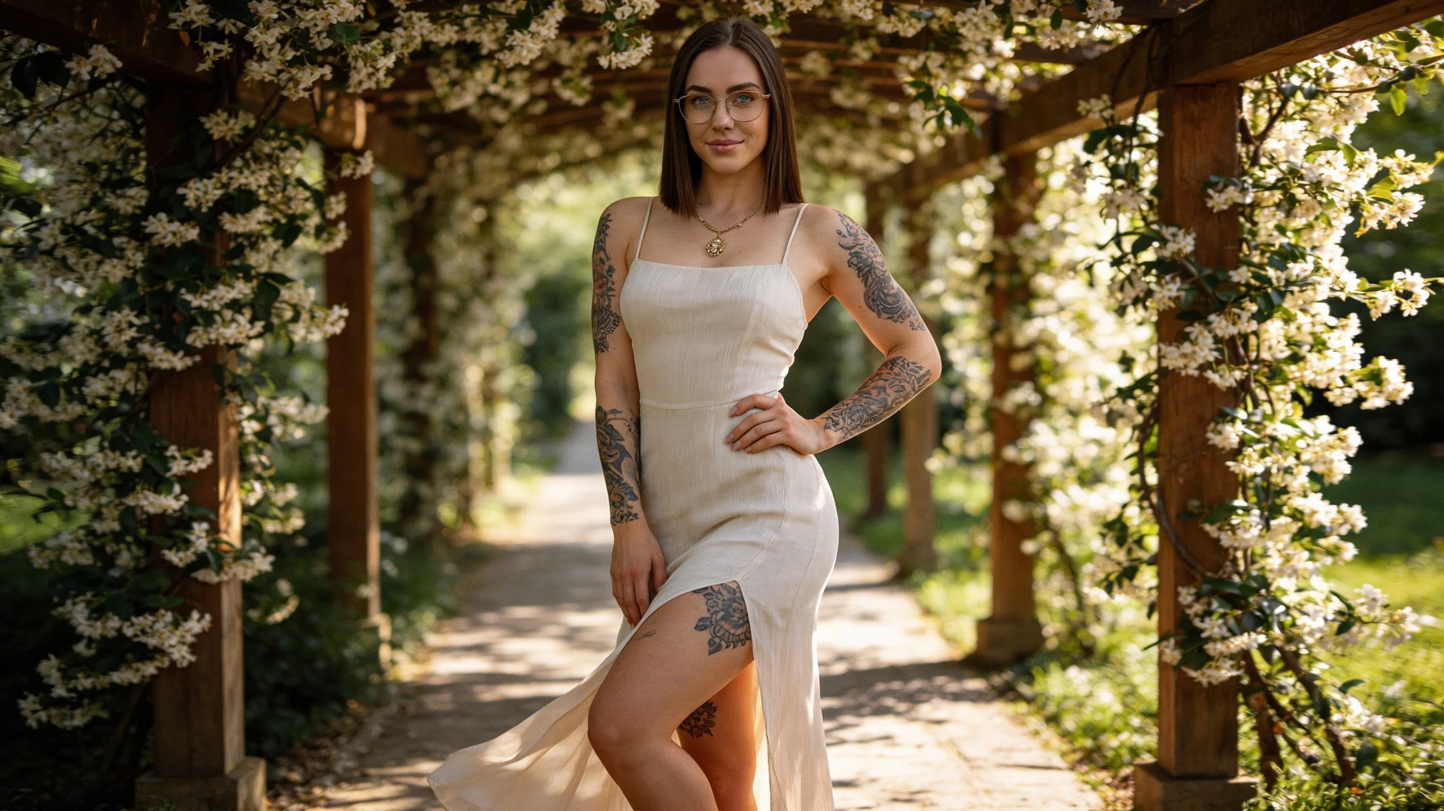 A 24-year-old Caucasian woman with a fit toned body, straight brunette hair falling to her shoulders, piercing blue eyes, and fair skin stands confidently in a full body eye-level front shot, wearing a light flowy summer dress that gently clings to her curves with subtle fabric movement from a breeze, artistic tattoos visible along her arms and thighs, an elegant necklace resting on her collarbone, and stylish glasses framing her face, posing with shoulders squared back, one hand on her hip and weight shifted to one leg in a sunny outdoor garden path setting with soft natural daylight casting gentle shadows, direct confident eye contact with a subtle knowing smile and relaxed posture, elegant self-assured mood, Flawless anatomy, no extra digits, no extra limbs, realistic skin texture, high-detail.