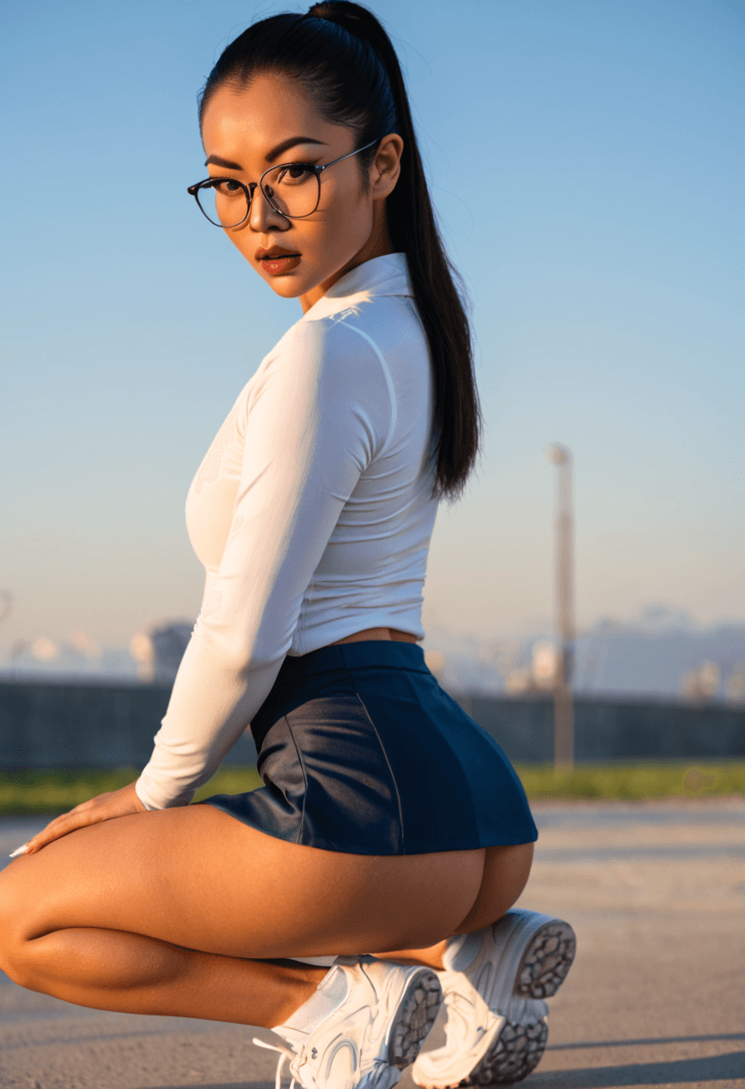 wearing an elegant knee-length skirt, squatting position, athletic pose, stretching gracefully