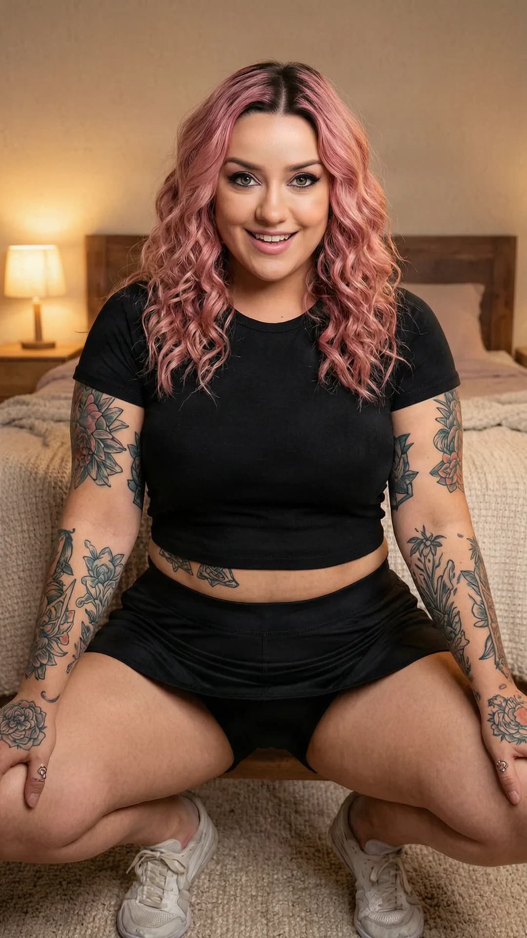 27-year-old Caucasian woman with curly pink hair, green eyes, chubby body type, artistic tattoos across her skin and visible nipple piercings, wearing a short black tennis skirt and tight crop top shirt that reveals her midriff, squatting in an athletic pose with knees bent and thighs spread slightly in a cozy bedroom setting with soft warm lighting and rumpled sheets, medium close-up portrait from a slight low angle POV, direct eye contact with the viewer and a bright smile, lips parted, body positioned forward with soft chubby curves accentuated by the squat, skin texture visible, Flawless anatomy, no extra digits, no extra limbs, realistic skin texture, high-detail.