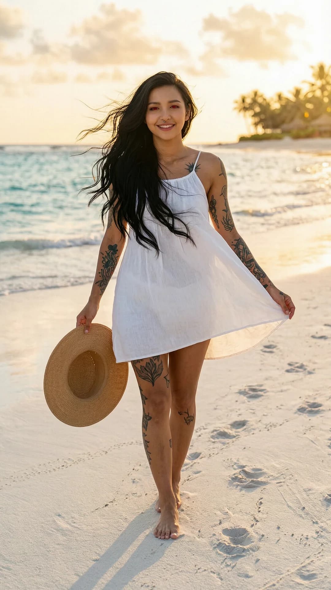 A 24-year-old Asian woman with a fit toned body, long flowing black hair, striking red eyes, visible tattoos on arms and legs, nipple piercings and belly piercing subtly outlined beneath fabric, wearing a flowing white sundress, walking barefoot on pristine white sand beach in a tropical paradise at golden sunset, sea breeze dramatically lifting the hem of her dress and whipping her hair, carrying a wide-brimmed sun hat in one hand, genuine carefree joyful smile, direct eye contact with the viewer conveying pure happiness and freedom, full body three-quarter front angle shot capturing dynamic movement and footprints trailing behind in the sand, warm golden hour lighting with soft lens flare, vacation photography style, Flawless anatomy, no extra digits, no extra limbs, realistic skin texture, high-detail.