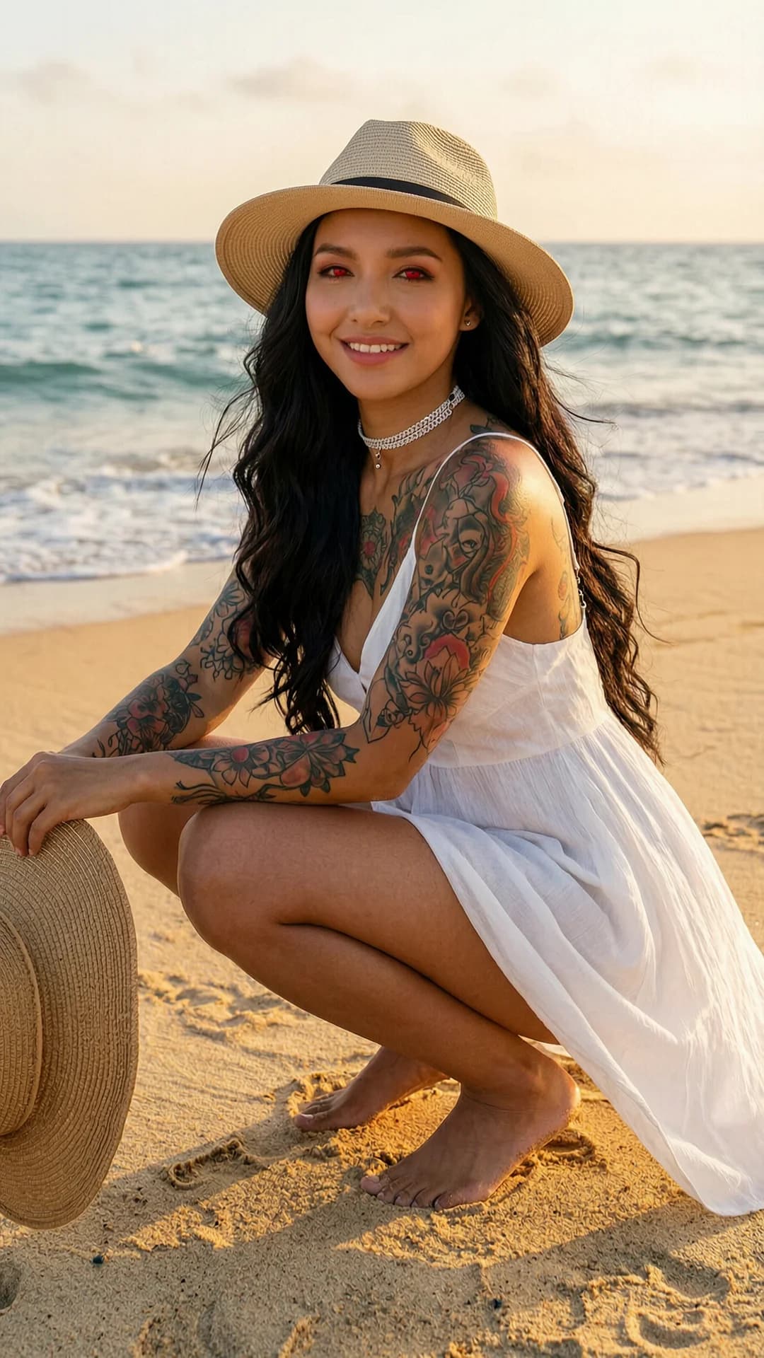 A 24-year-old Asian woman with a fit athletic body, long flowing black hair, striking red eyes, artistic tattoos across her skin, visible nipple piercings and belly piercing, wearing a light flowy white sundress with a fashionable choker and fashionable hat, squatting barefoot in an athletic pose on pristine golden sand with ocean waves lapping nearby, sea breeze gently lifting the hem of her dress and tousling her hair, carrying a sun hat in one hand, genuine carefree smile with intense direct eye contact and warm joyful expression, lips parted, golden sunset lighting casting soft glow over the tropical paradise beach with visible footprints in the sand, vacation photography style, medium close-up from low angle POV, body tension in toned legs and arms, skin with subtle sheen from evening light. Flawless anatomy, no extra digits, no extra limbs, realistic skin texture, high-detail.