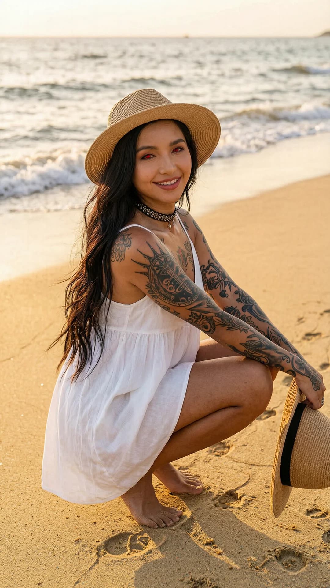 A 24-year-old Asian woman with a fit athletic body, long flowing black hair, striking red eyes, artistic tattoos across her skin, visible nipple piercings and belly piercing, wearing a light flowy white sundress with a fashionable choker and fashionable hat, squatting barefoot in an athletic pose on pristine golden sand with ocean waves lapping nearby, sea breeze gently lifting the hem of her dress and tousling her hair, carrying a sun hat in one hand, genuine carefree smile with intense direct eye contact and warm joyful expression, lips parted, golden sunset lighting casting soft glow over the tropical paradise beach with visible footprints in the sand, vacation photography style, medium close-up from low angle POV, body tension in toned legs and arms, skin with subtle sheen from evening light. Flawless anatomy, no extra digits, no extra limbs, realistic skin texture, high-detail.