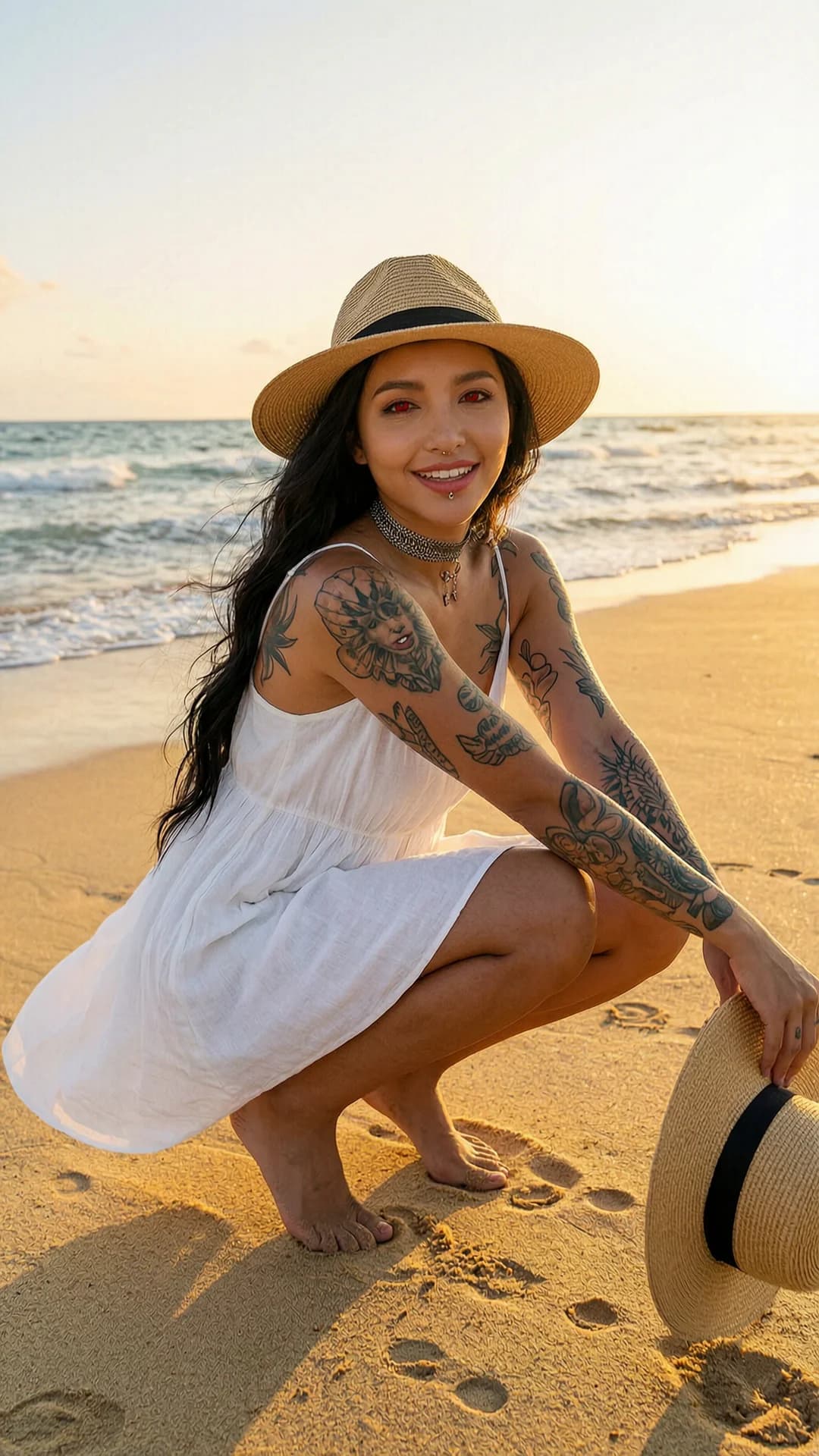 A 24-year-old Asian woman with a fit athletic body, long flowing black hair, striking red eyes, artistic tattoos across her skin, visible nipple piercings and belly piercing, wearing a light flowy white sundress with a fashionable choker and fashionable hat, squatting barefoot in an athletic pose on pristine golden sand with ocean waves lapping nearby, sea breeze gently lifting the hem of her dress and tousling her hair, carrying a sun hat in one hand, genuine carefree smile with intense direct eye contact and warm joyful expression, lips parted, golden sunset lighting casting soft glow over the tropical paradise beach with visible footprints in the sand, vacation photography style, medium close-up from low angle POV, body tension in toned legs and arms, skin with subtle sheen from evening light. Flawless anatomy, no extra digits, no extra limbs, realistic skin texture, high-detail.