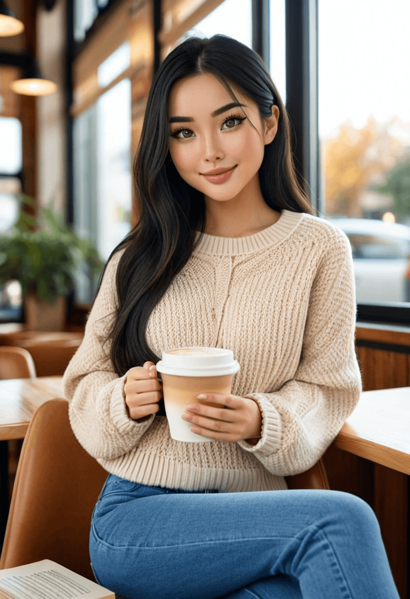 Relaxed woman wearing fitted jeans and cozy oversized sweater, sitting in trendy coffee shop with latte, natural sunlight through large windows, genuine laughing expression, casual lifestyle photography, warm autumn colors, holding book, comfortable and approachable vibe