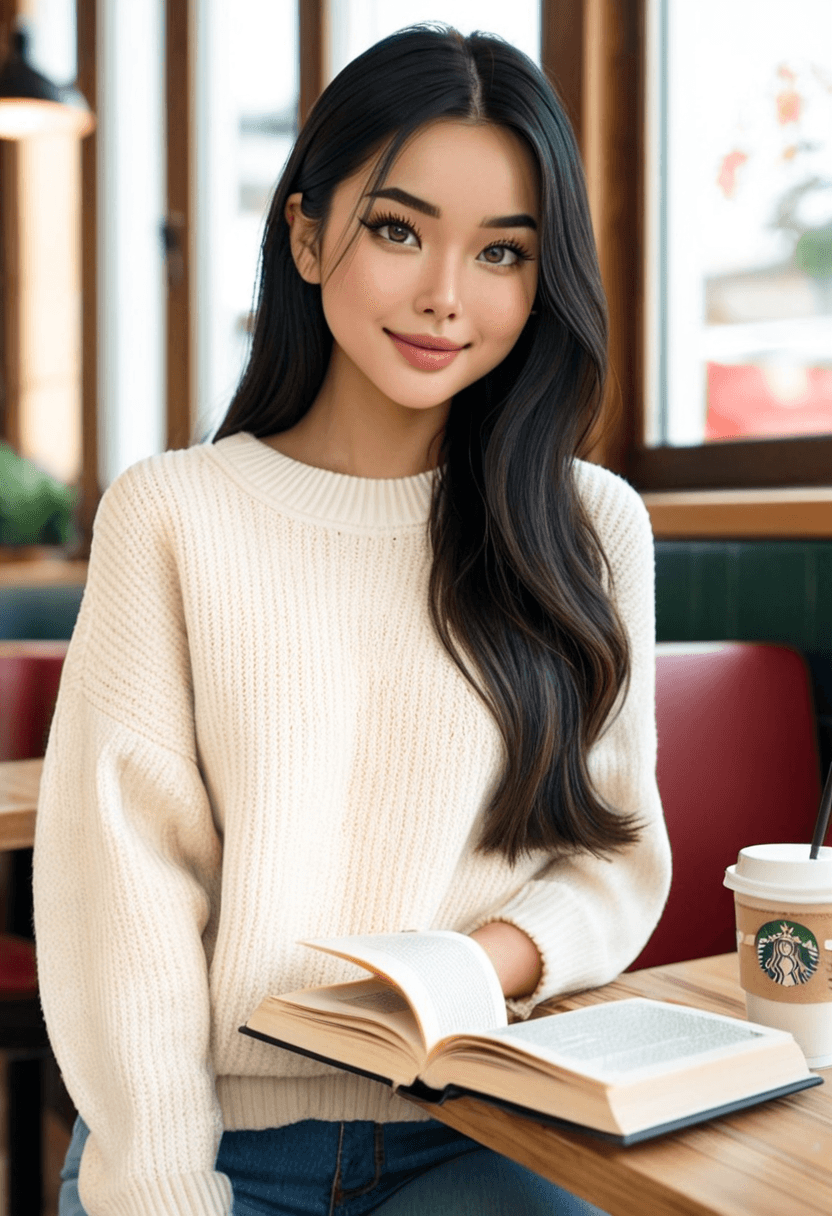 Relaxed woman wearing fitted jeans and cozy oversized sweater, sitting in trendy coffee shop with latte, natural sunlight through large windows, genuine laughing expression, casual lifestyle photography, warm autumn colors, holding book, comfortable and approachable vibe