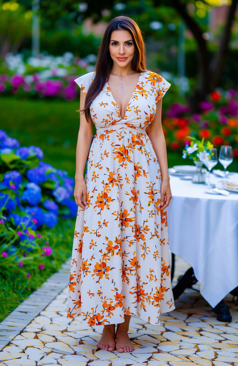 wearing a light flowy summer dress, standing confidently, full body shot, dining at an elegant restaurant, in a beautiful garden with flowers