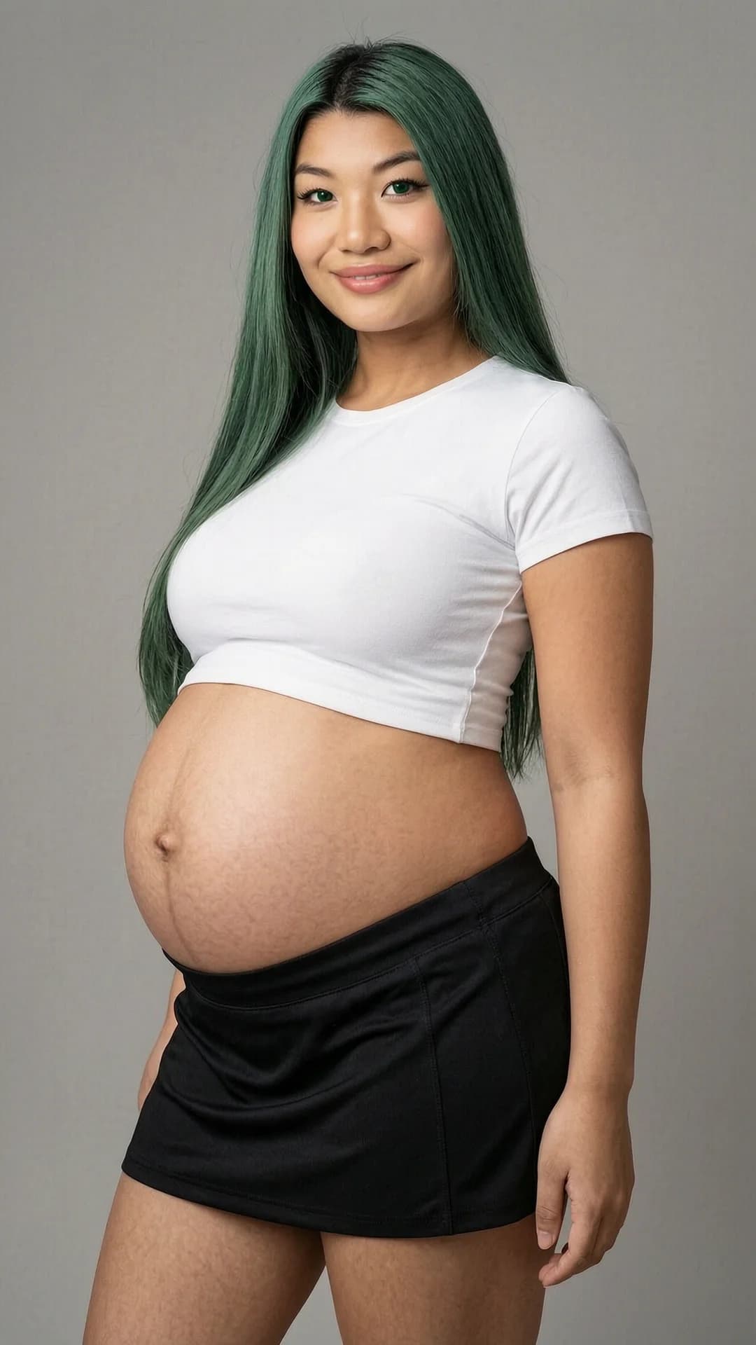 21-year-old Asian woman with green straight hair, green eyes, chubby body type and visibly pregnant belly, wearing a short black tennis skirt and a tight white crop top shirt that exposes her midriff, standing in a neutral studio setting, medium close-up portrait from a direct front angle, direct eye contact with the viewer and a warm genuine smile with parted lips, soft cinematic lighting highlighting skin texture and fabric details, realistic style, Flawless anatomy, no extra digits, no extra limbs, realistic skin texture, high-detail.