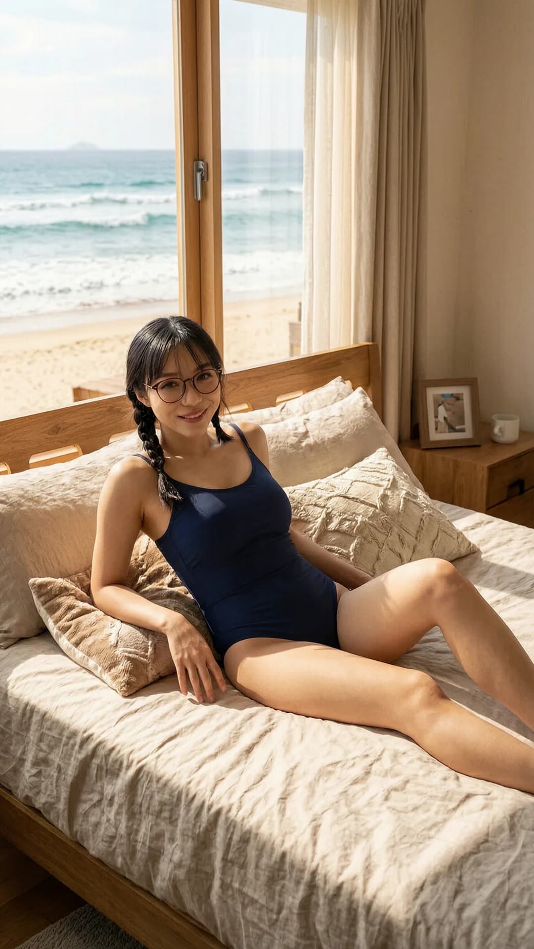 A 24-year-old Asian woman with black braided hair, brown eyes, skinny body type, wearing a swimsuit and glasses, reclining on the bed in a cozy bedroom with large windows overlooking a sunny beach and rolling ocean waves, body relaxed with legs slightly bent and torso propped on pillows, cute smile with lips gently curved, direct eye contact with warm playful affection, medium close-up from frontal eye-level angle, soft natural sunlight illuminating her skin and creating gentle highlights on the swimsuit fabric, cozy bedroom setting with warm tones and beach view, realistic style, Flawless anatomy, no extra digits, no extra limbs, realistic skin texture, high-detail.