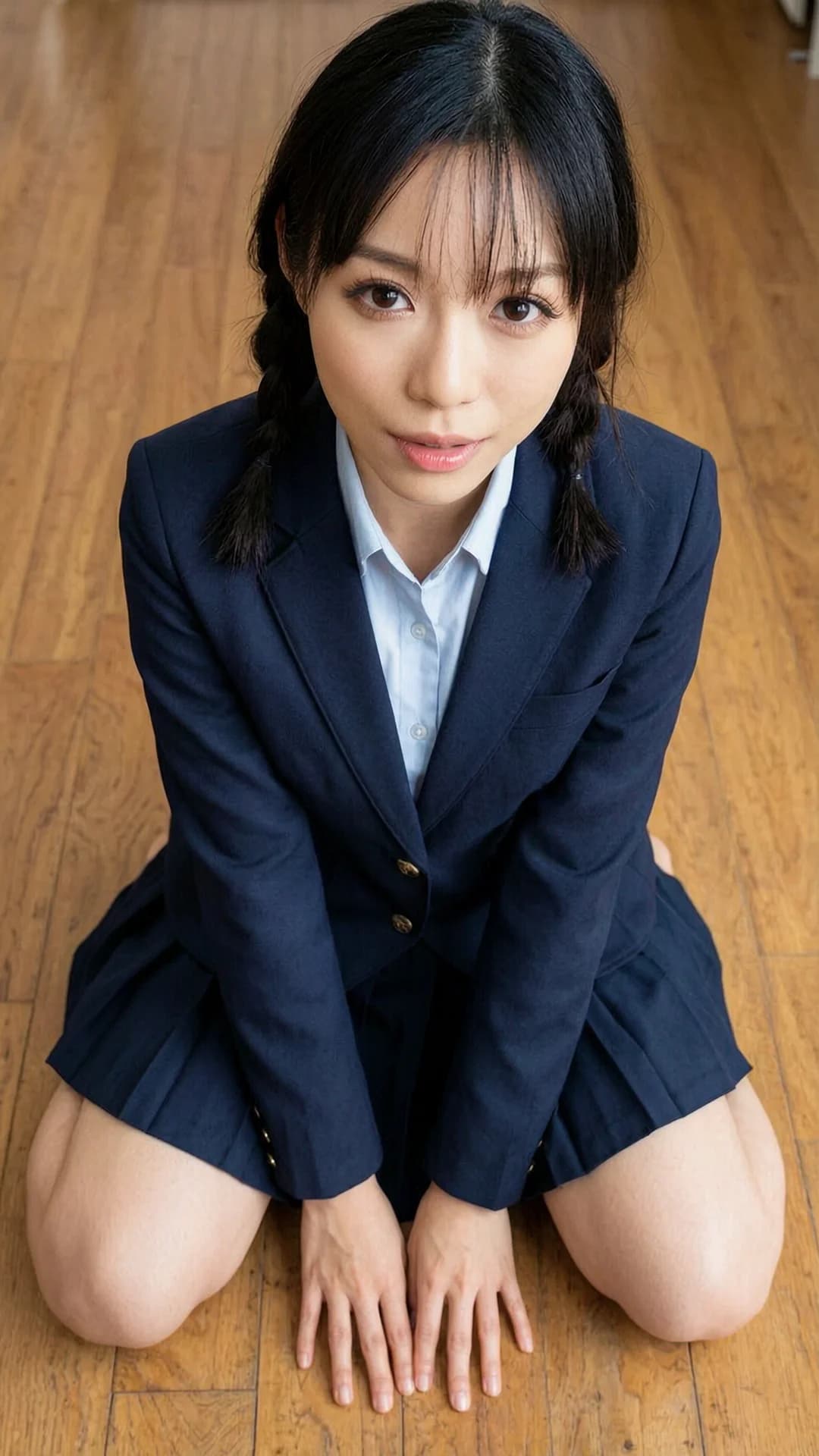 24-year-old Asian woman with black braids, brown eyes, skinny body type, wearing a short sexy school uniform outfit with pleated skirt over a light flowy summer dress style and elegant knee-length skirt, kneeling in an elegant relaxed pose with casual sitting posture, medium close-up from a slightly low front angle, intense upward eye contact with seductive cute expression and lips parted, natural and real look, soft indoor lighting highlighting skin sheen and fabric texture, flawless anatomy, no extra digits, no extra limbs, realistic skin texture, high-detail.