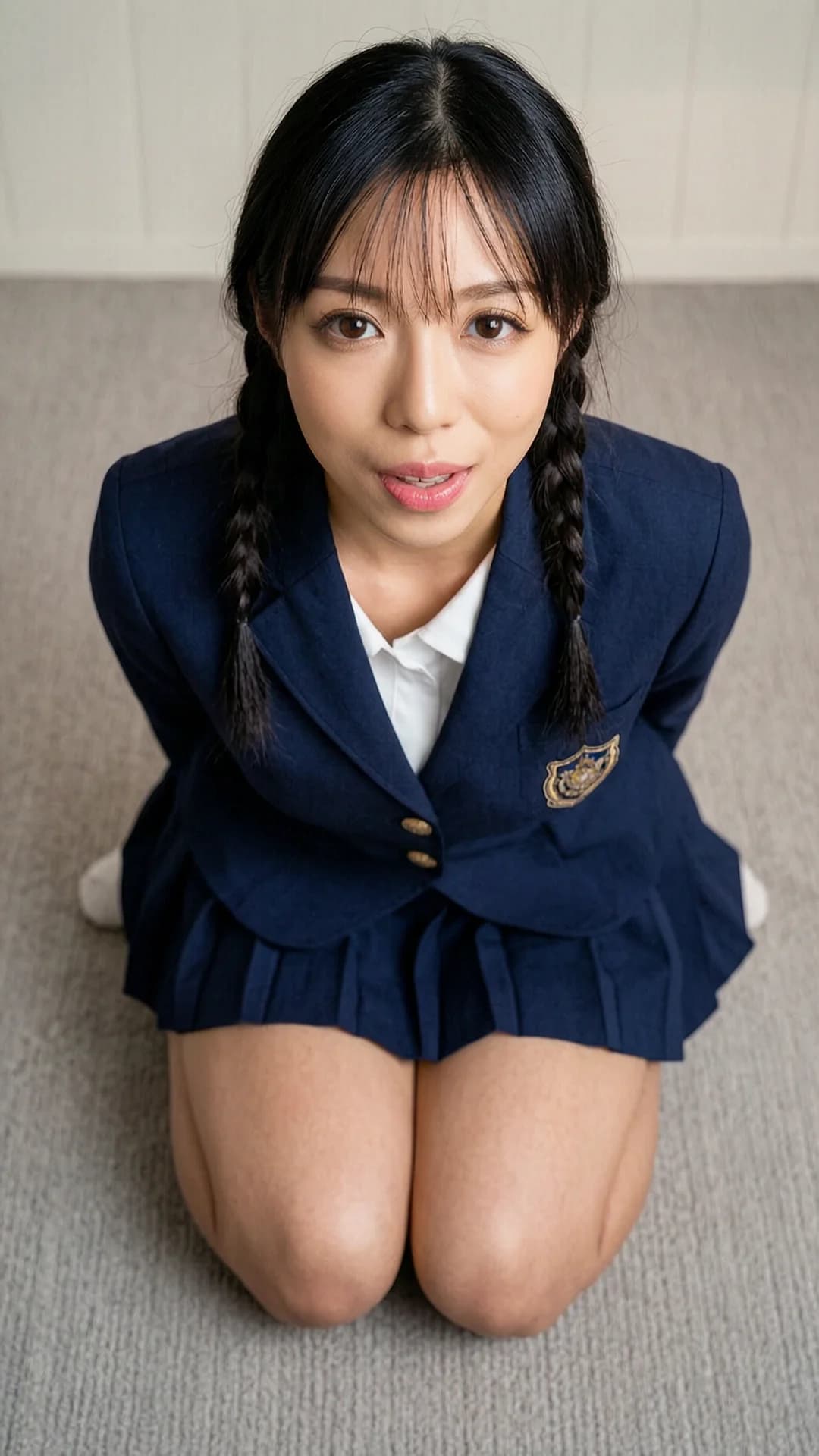 24-year-old Asian woman with black braids, brown eyes, skinny body type, wearing a short sexy school uniform outfit with pleated skirt over a light flowy summer dress style and elegant knee-length skirt, kneeling in an elegant relaxed pose with casual sitting posture, medium close-up from a slightly low front angle, intense upward eye contact with seductive cute expression and lips parted, natural and real look, soft indoor lighting highlighting skin sheen and fabric texture, flawless anatomy, no extra digits, no extra limbs, realistic skin texture, high-detail.