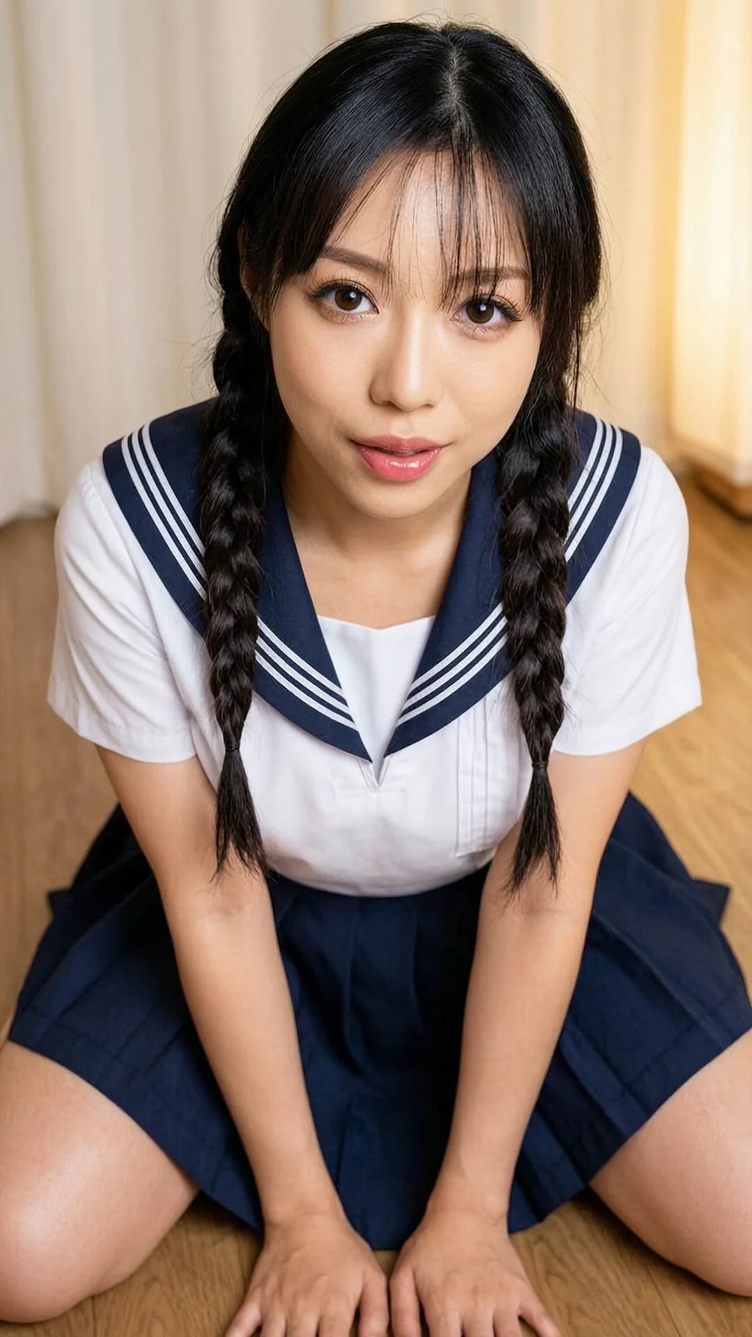 24-year-old Asian woman with black braids, brown eyes, skinny body type, wearing a short sexy school uniform outfit with pleated skirt over a light flowy summer dress style and elegant knee-length skirt, kneeling in an elegant relaxed pose with casual sitting posture, medium close-up from a slightly low front angle, intense upward eye contact with seductive cute expression and lips parted, natural and real look, soft indoor lighting highlighting skin sheen and fabric texture, flawless anatomy, no extra digits, no extra limbs, realistic skin texture, high-detail.