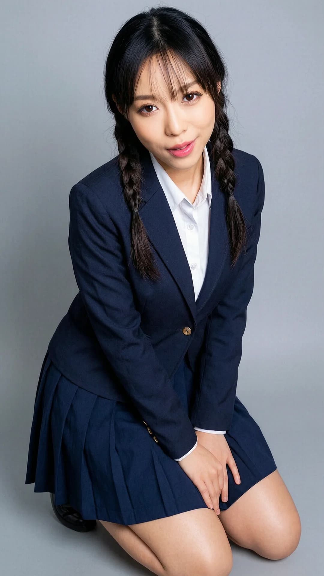 24-year-old Asian woman with black braids, brown eyes, skinny body type, wearing a short sexy school uniform outfit with pleated skirt over a light flowy summer dress style and elegant knee-length skirt, kneeling in an elegant relaxed pose with casual sitting posture, medium close-up from a slightly low front angle, intense upward eye contact with seductive cute expression and lips parted, natural and real look, soft indoor lighting highlighting skin sheen and fabric texture, flawless anatomy, no extra digits, no extra limbs, realistic skin texture, high-detail.