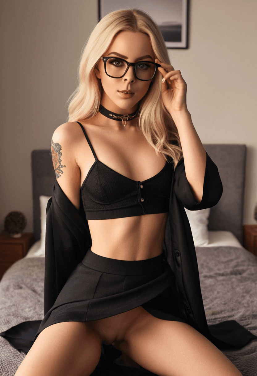23-year-old caucasian woman, skinny body type, small breasts, small butt, realistic style, wearing short black tennis skirt, crop top shirt, fashionable choker, luxurious satin robe loosely draped over shoulders, glasses, tattoos on arms and torso, nipple piercings under clothing, full-body view, squatting position, athletic pose, portrait picture, looking at the viewer with a smile, cozy bedroom setting, detailed skin texture, high resolution, cyberrealistic sdxl, stretching gracefully, kneeling pose, elegant position, sitting casually, relaxed pose, standing confidently, full body shot