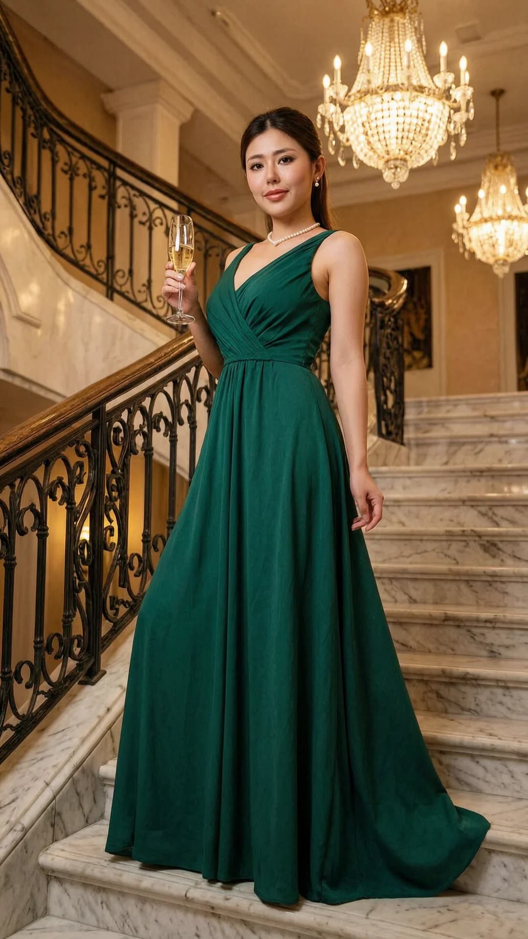 A 24-year-old Asian woman with fit athletic build, long brunette ponytail, and piercing brown eyes, wearing a flowing emerald evening gown that drapes elegantly over her curves, standing in a confident upright posture on a grand marble staircase at a luxury venue, holding a champagne glass in one hand with pearl jewelry accenting her neck and ears, elegant chandelier lighting casting glamorous highlights across the scene, medium full-body shot from a low three-quarter front angle emphasizing her poised stance and the sweeping gown fabric, direct intense eye contact with the viewer conveying sophisticated confidence and subtle allure, lips gently curved in a poised smile, fashion photography style with rich cinematic atmosphere, Flawless anatomy, no extra digits, no extra limbs, realistic skin texture, high-detail.