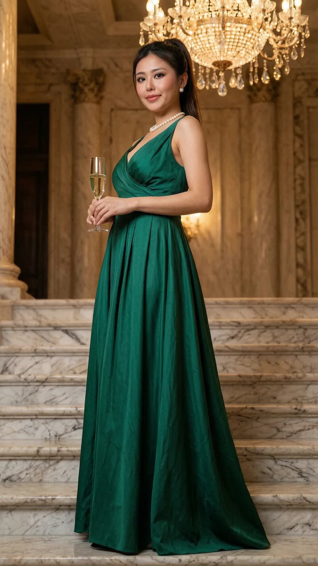 A 24-year-old Asian woman with fit athletic build, long brunette ponytail, and piercing brown eyes, wearing a flowing emerald evening gown that drapes elegantly over her curves, standing in a confident upright posture on a grand marble staircase at a luxury venue, holding a champagne glass in one hand with pearl jewelry accenting her neck and ears, elegant chandelier lighting casting glamorous highlights across the scene, medium full-body shot from a low three-quarter front angle emphasizing her poised stance and the sweeping gown fabric, direct intense eye contact with the viewer conveying sophisticated confidence and subtle allure, lips gently curved in a poised smile, fashion photography style with rich cinematic atmosphere, Flawless anatomy, no extra digits, no extra limbs, realistic skin texture, high-detail.