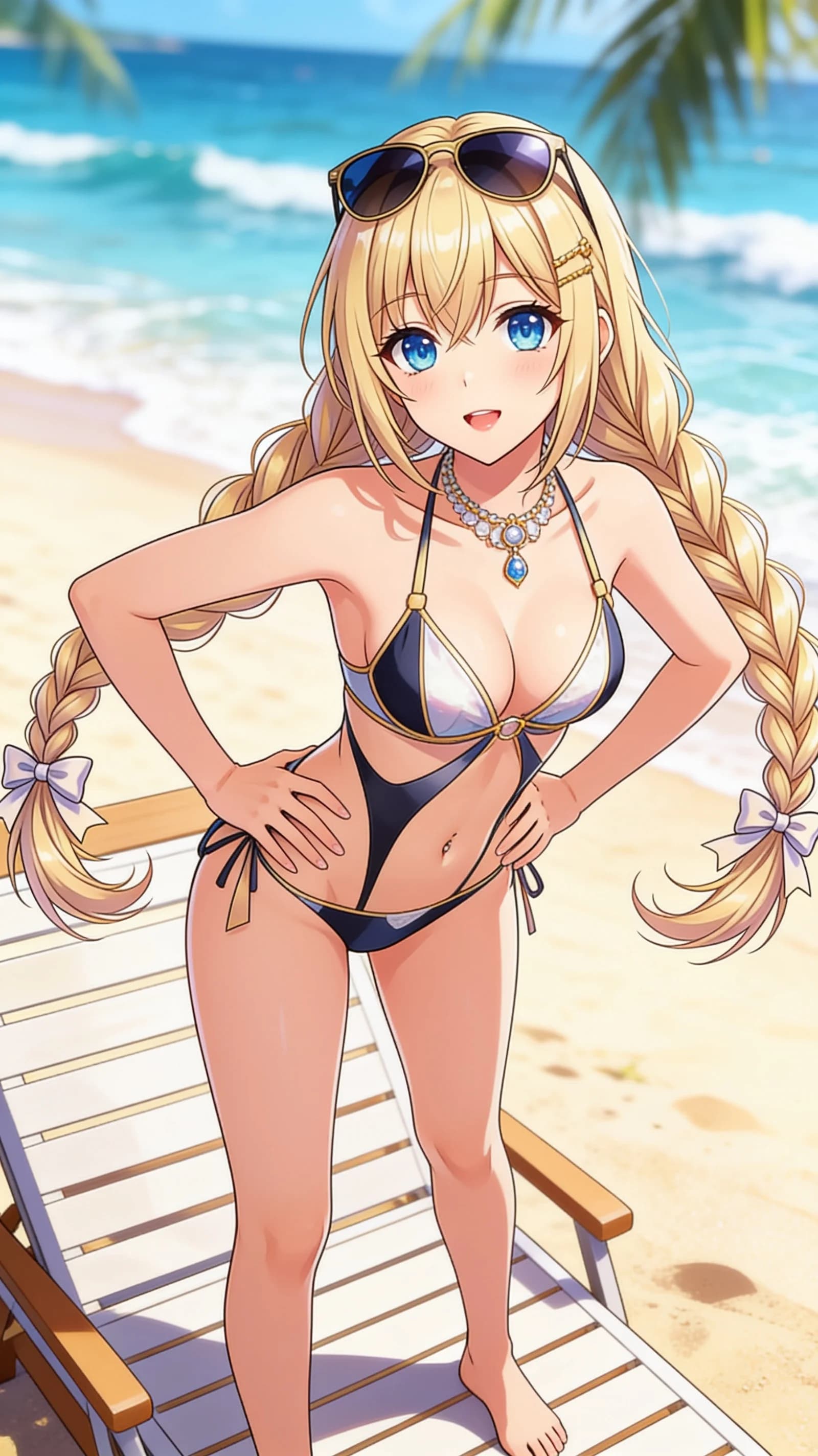 anime style, 2D cel-shaded anime illustration, anime key visual, flat cel shading, clean bold line art, vibrant saturated colors, large detailed expressive anime eyes with crisp catchlights, flat 2D rendering, not photorealistic, not 3D render, 21-year-old Caucasian woman with a fit body, blonde braids, blue eyes, belly piercings, standing waist-up on a sunny tropical beach lounger stretching gracefully in a stylish revealing bikini with an elegant necklace and trendy sunglasses perched on her head, medium close-up front angle portrait with ocean waves and sand in soft focus background, direct eye contact with a warm inviting smile and lips gently parted, bright natural sunlight from above casting soft shadows across her skin, relaxed confident pose with hands lightly on hips, detailed anime cel shading, crisp clean linework, correct anatomy, hands cleanly drawn with five fingers, studio-quality anime key visual; avoid: photorealistic, 3D render, extra fingers, deformed hands, blurry, low detail.