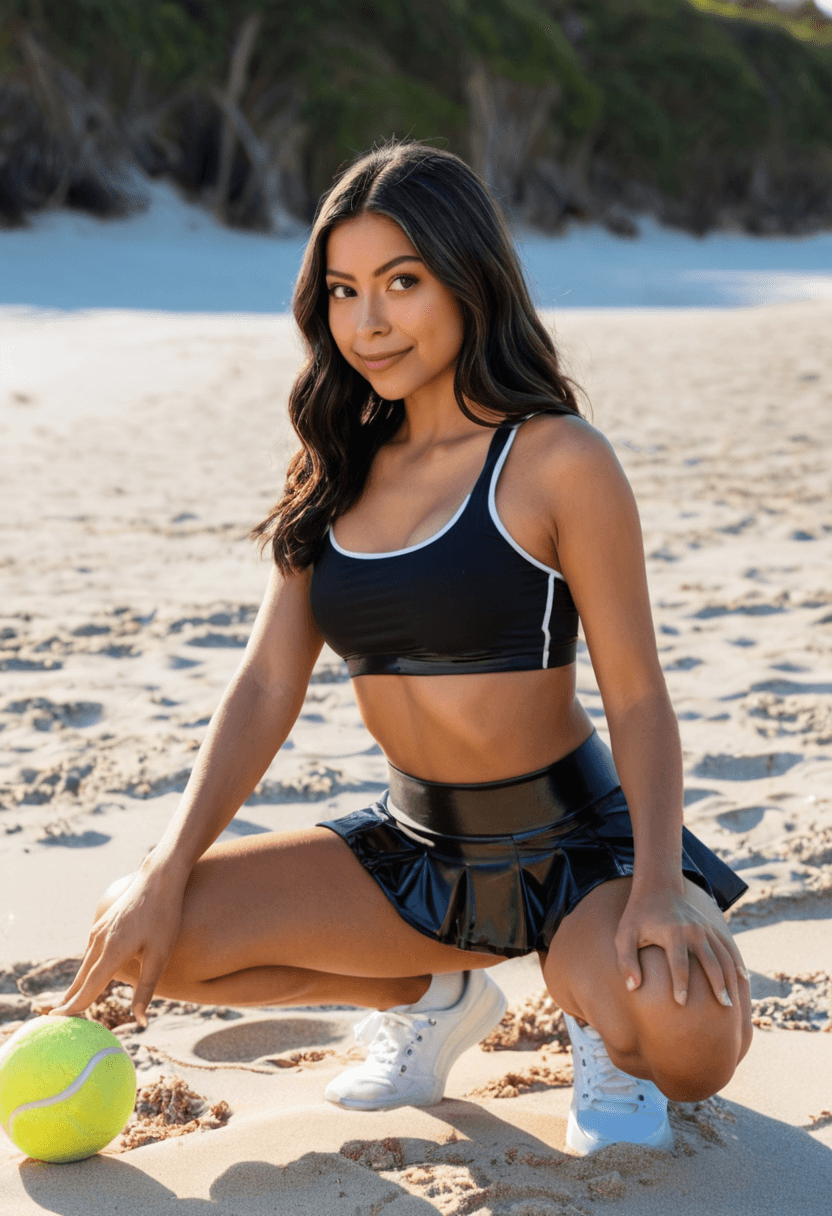 Wearing short black tennis skirt and a crop top shirt, portrait picture, looking at the viewer with a smile, squatting position, athletic pose, kneeling pose, elegant position, wearing a stylish bikini on the beach, wearing a sleek latex skirt, in a modern office setting, at a modern fitness gym