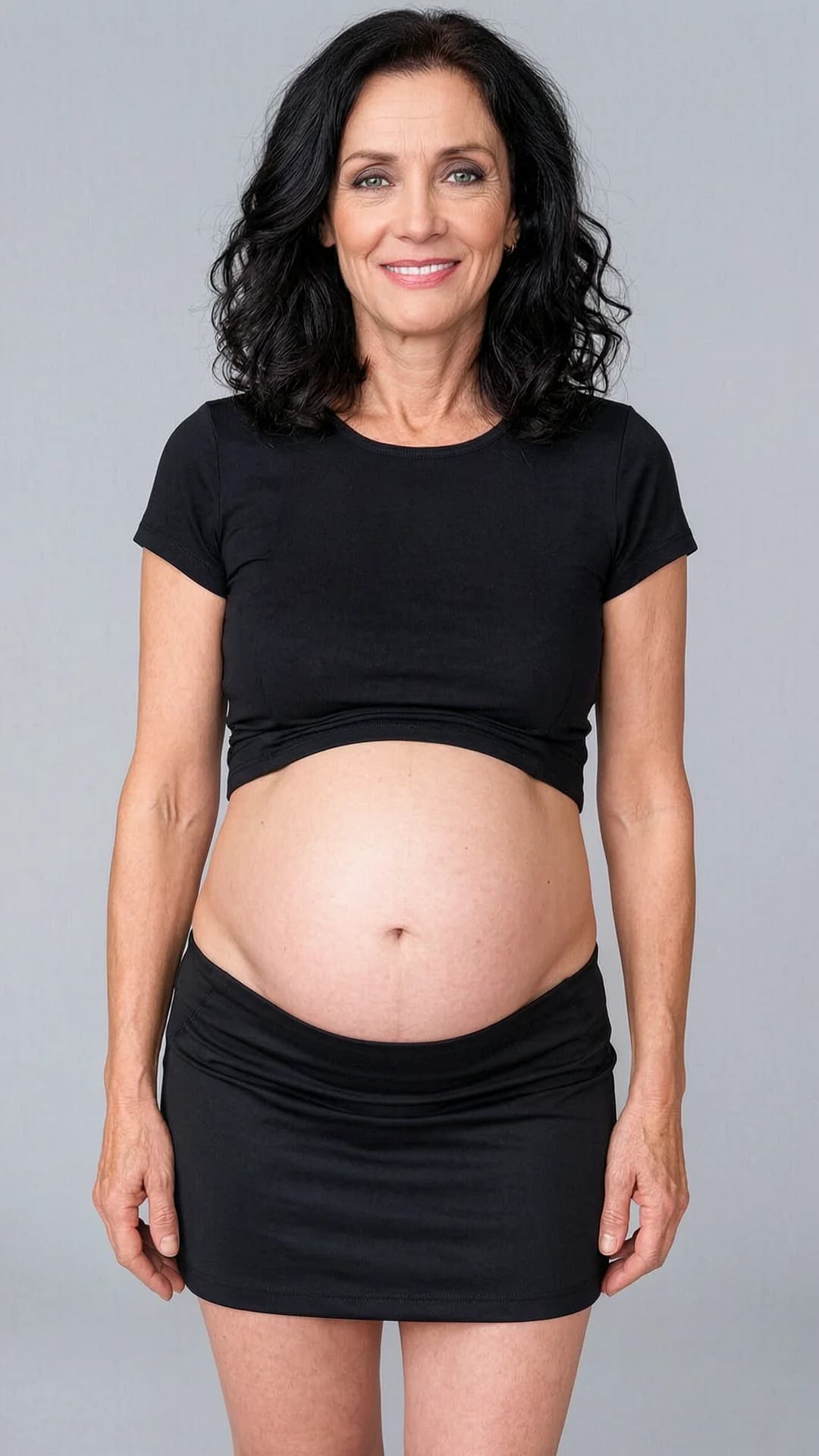 55-year-old caucasian woman with curly black hair, green eyes and skinny pregnant body wearing a short black tennis skirt and tight crop top shirt that rides up to expose her rounded pregnant belly, standing in a neutral studio setting with soft natural lighting, medium close-up portrait from eye-level front angle facing directly toward the viewer, warm genuine smile with direct eye contact and relaxed confident posture, realistic style, flawless anatomy, no extra digits, no extra limbs, realistic skin texture, high-detail.