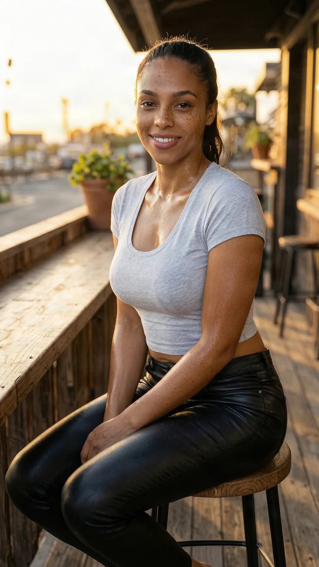 A 30-year-old black woman with a fit body, brunette hair in a ponytail, brown eyes, and freckles, wearing black leather pants and a tight-fitting light gray tee shirt showing a bare midriff, sitting relaxed on a stool at an outdoor bar on a hot summer evening with warm golden hour lighting casting soft shadows, her skin glistening with a light sheen of sweat from the heat, smiling warmly with direct eye contact toward the viewer conveying a friendly relaxed mood, body slightly leaned forward with natural posture and subtle muscle definition visible, medium close-up from a three-quarter front angle, flawless anatomy, no extra digits, no extra limbs, realistic skin texture, high-detail.